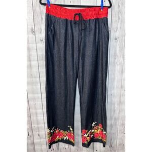 Womens Black Rose Floral Print Lounge Pants Red Elastic Waistband, Drawstring